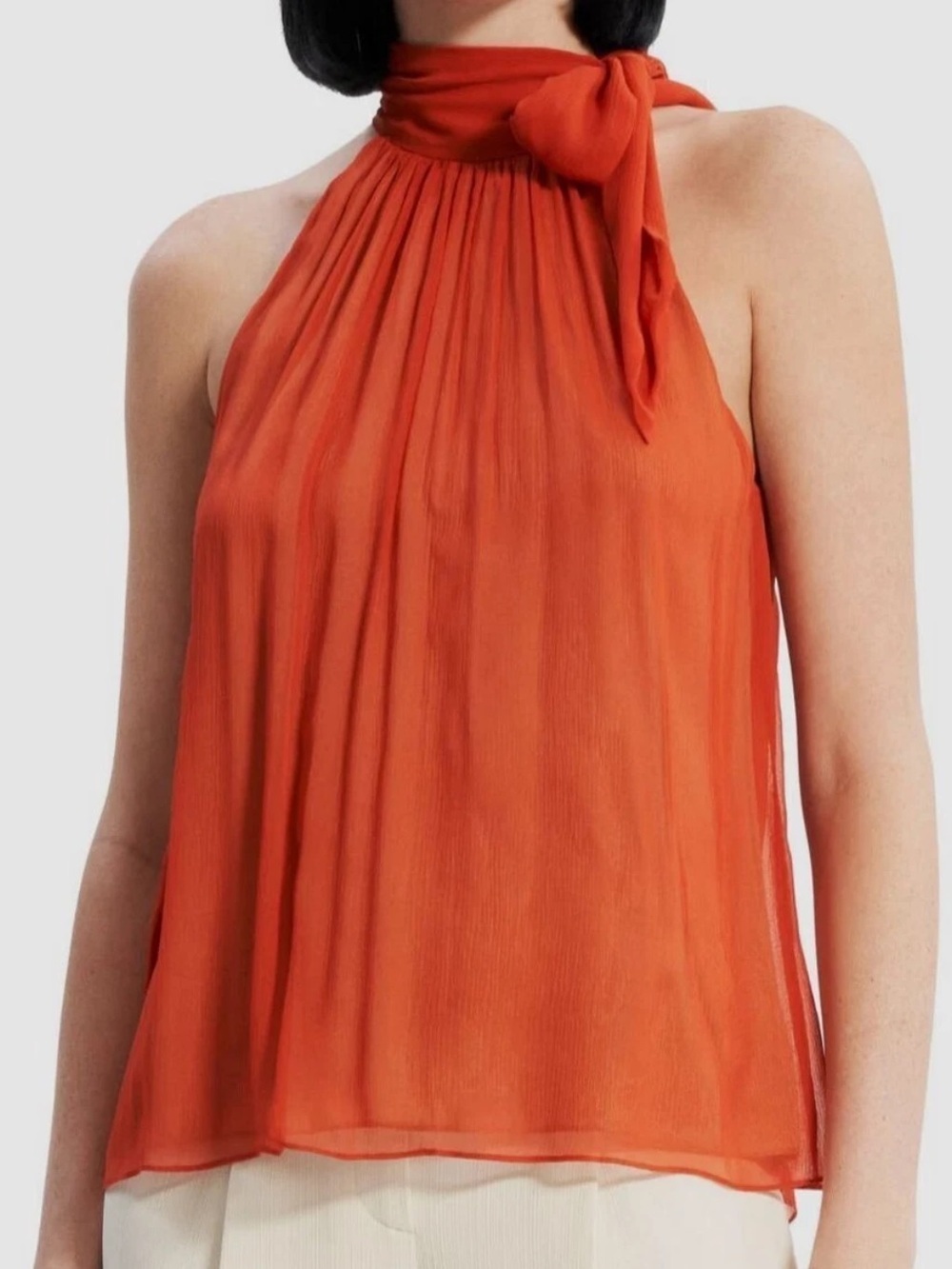$295 Theory Sleeveless Bow-Neck silk Top in Bright Orange-Red size P NWT